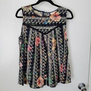 & Layered Top Large Blue Floral‎ Embroidered New Sleeveless Lightweight Rayon